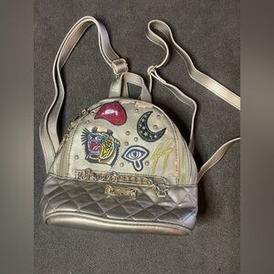 Bebe LA Mini Backpack Purse Metallic Gold Studded Patch Bag Y2K Inspired